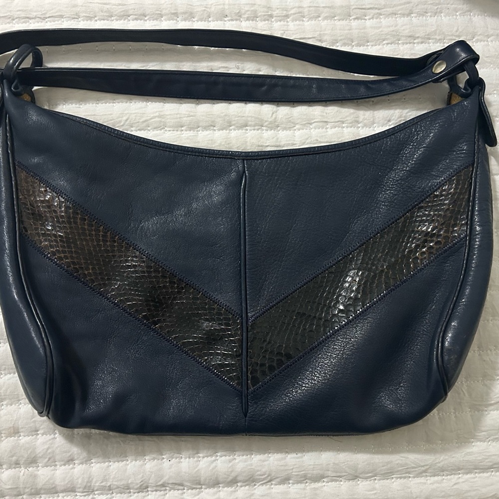 Vintage Navy Leather Shoulder Bag with Snakeskin by Palazzio. FREE card wallet!